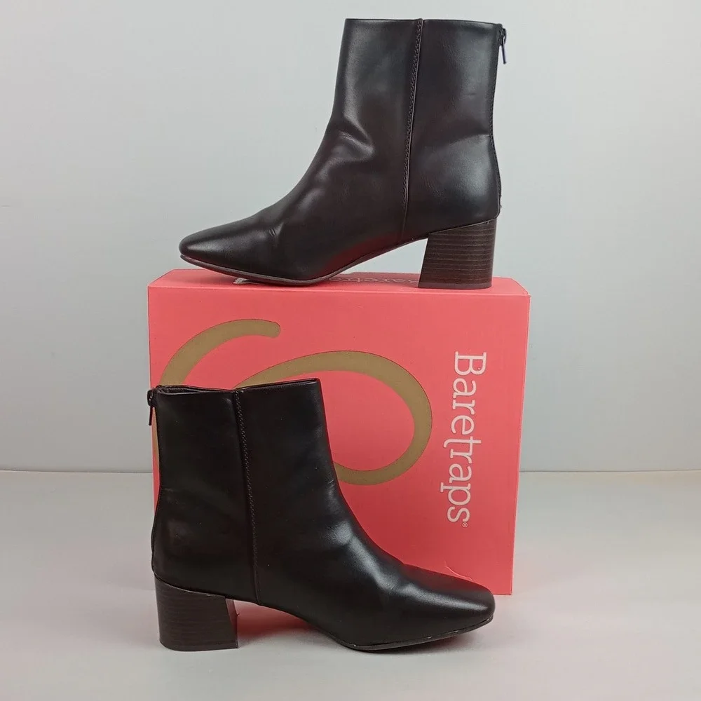 Baretraps Womens 9.5 Brown Faux Leather Block Heel Square Toe Emilie Ankle Boots